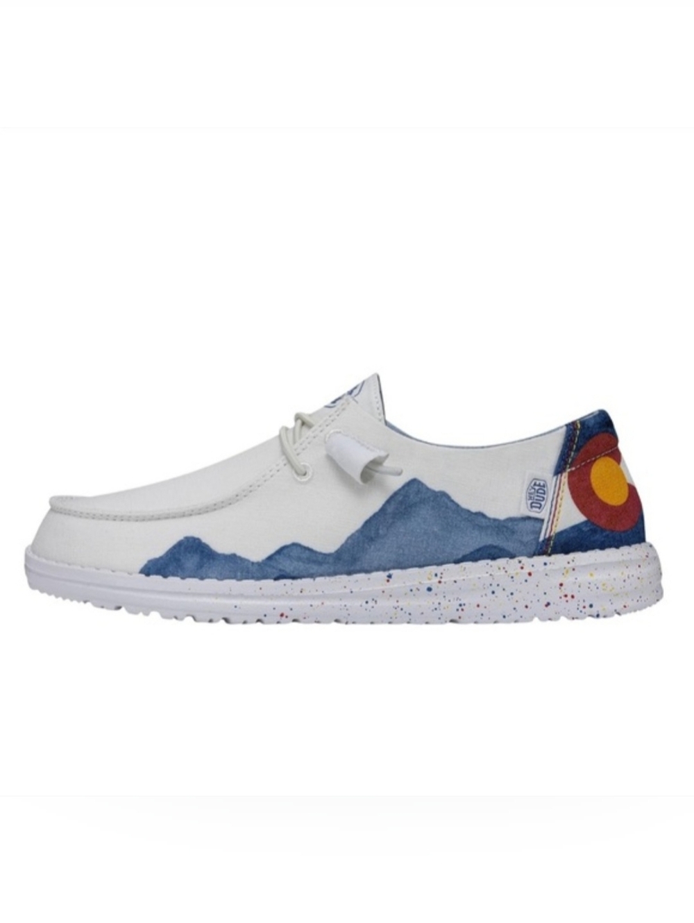 Hey Dude White Sneakers with Blue Mountain Print and Red-Yellow Accent